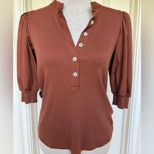 NWOT Veronica Beard Coralee Puff Sleeve Mixed Media Henley Top Brown S